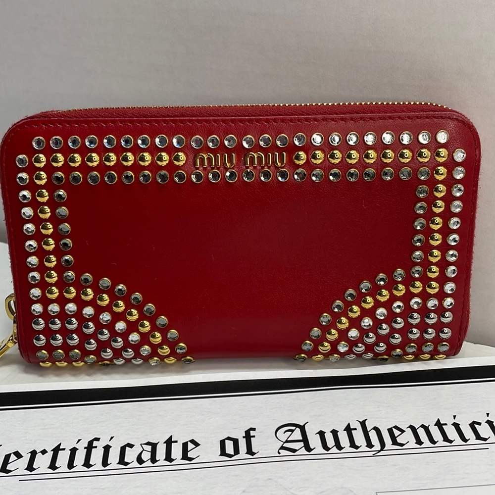 Authentic Miu Miu Studded Red Leather Wallet With… - image 1